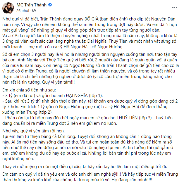 Trấn Thành công khai chia tiền ủng hộ miền Trung, tuyên bố gắt: “Tuyệt đối không cắn 1 đồng, ăn tiền này đâu sống thọ