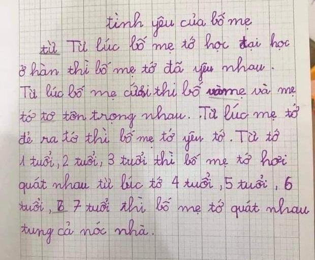Khi học sinh làm văn tả tình yêu của bố mẹ, tưởng ngập tràn hạnh phúc ai ngờ bóc phốt đủ kiểu, đọc đến