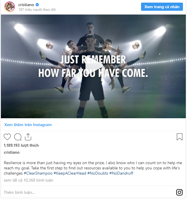 1 bài đăng của Ronaldo trên Instagram có giá gần 1 triệu USD