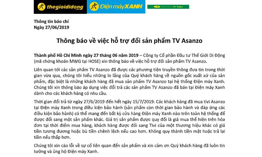 Asanzo phản đối chính sách thu hồi, đổi trả sản phẩm của Điện Máy Xanh, Nguyễn Kim... - Ảnh 1.