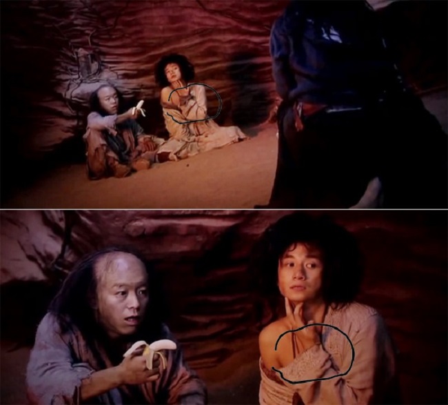 Tay áo của Trần Huyền Trang có sự thay đổi khi thực hiện 2 cảnh quay toàn và cận cảnh