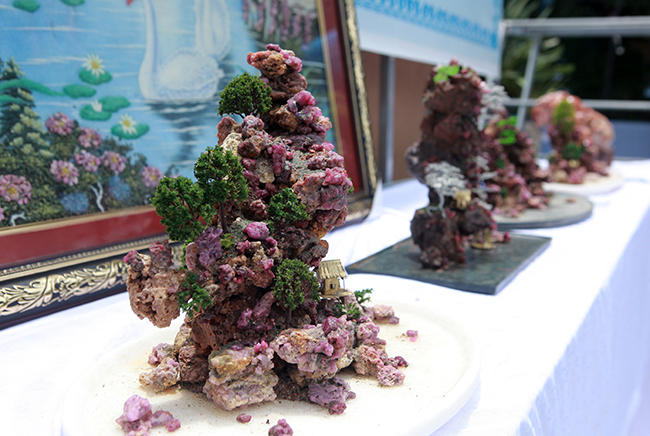 Ngoài những khối tinh thể quý hiếm, anh Hoàng Anh còn mang đến triển lãm các tác phẩm non bộ làm từ đá ruby rất đẹp