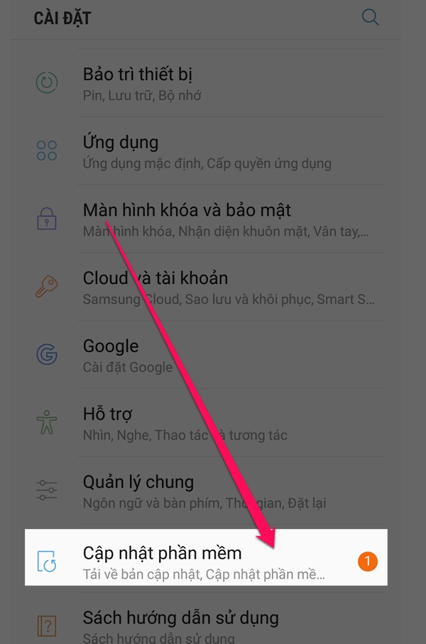 Bước 1: cài đặt -> cập nhật phần mềm.