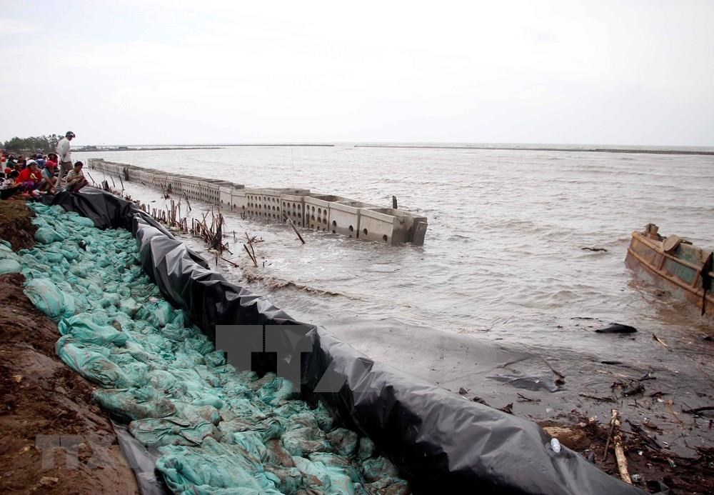 Over a couple of days, raging waves have eroded a section of a sea dyke on the western coast of the southernmost province of Ca Mau (Photo: VNA)