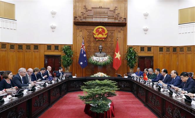 Prime Minister Nguyen Xuan Phuc holds talks with Australian Prime Minister Scott Morrison (Photo: VNA)