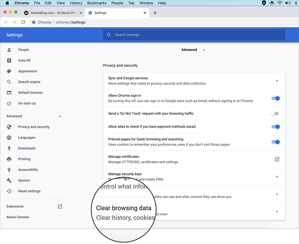 xóa dữ liệu duyệt web Chrome macOS