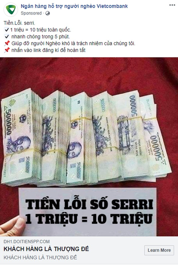 Xuất hiện fanpage Ngân hàng hỗ trợ người nghèo nhận đổi 1 triệu lấy 10 triệu, chạy quảng cáo rầm rộ trên Facebook: Cẩn thận tiền mất tật mang! - Ảnh 1.