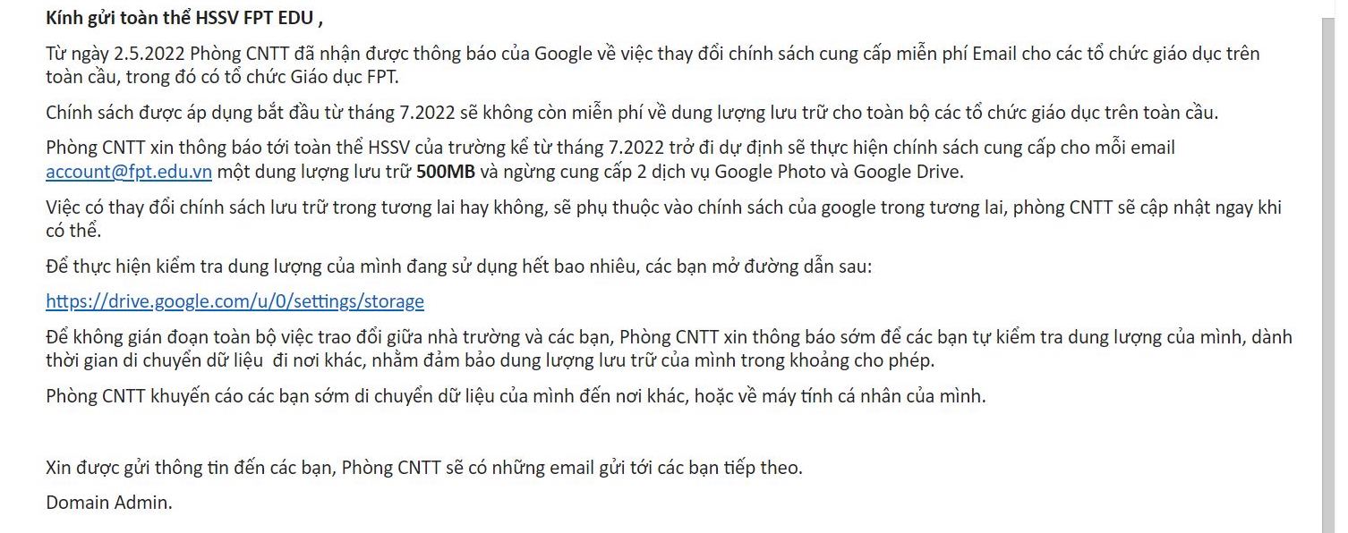 1 trường CNTT top đầu giới hạn dung lượng Google của sinh viên chỉ 500Mb