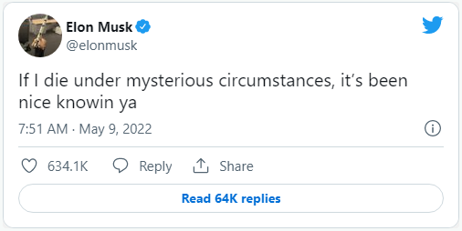 Đăng dòng tweet về khả năng &quot;chết trong các tình huống bí ẩn&quot;, Elon Musk lại khiến cộng đồng mạng dậy sóng - Ảnh 1.