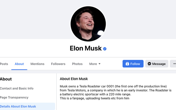 Facebook cấp tích xanh cho fanpage Elon Musk không phải chính chủ