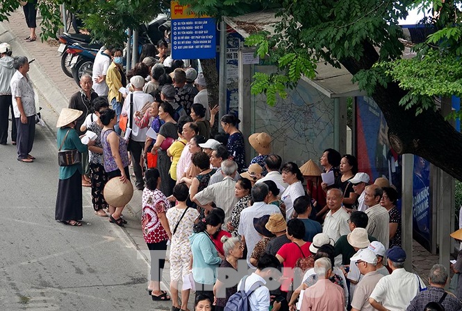Hanoi: Hundreds of old people queue to get free bus pass