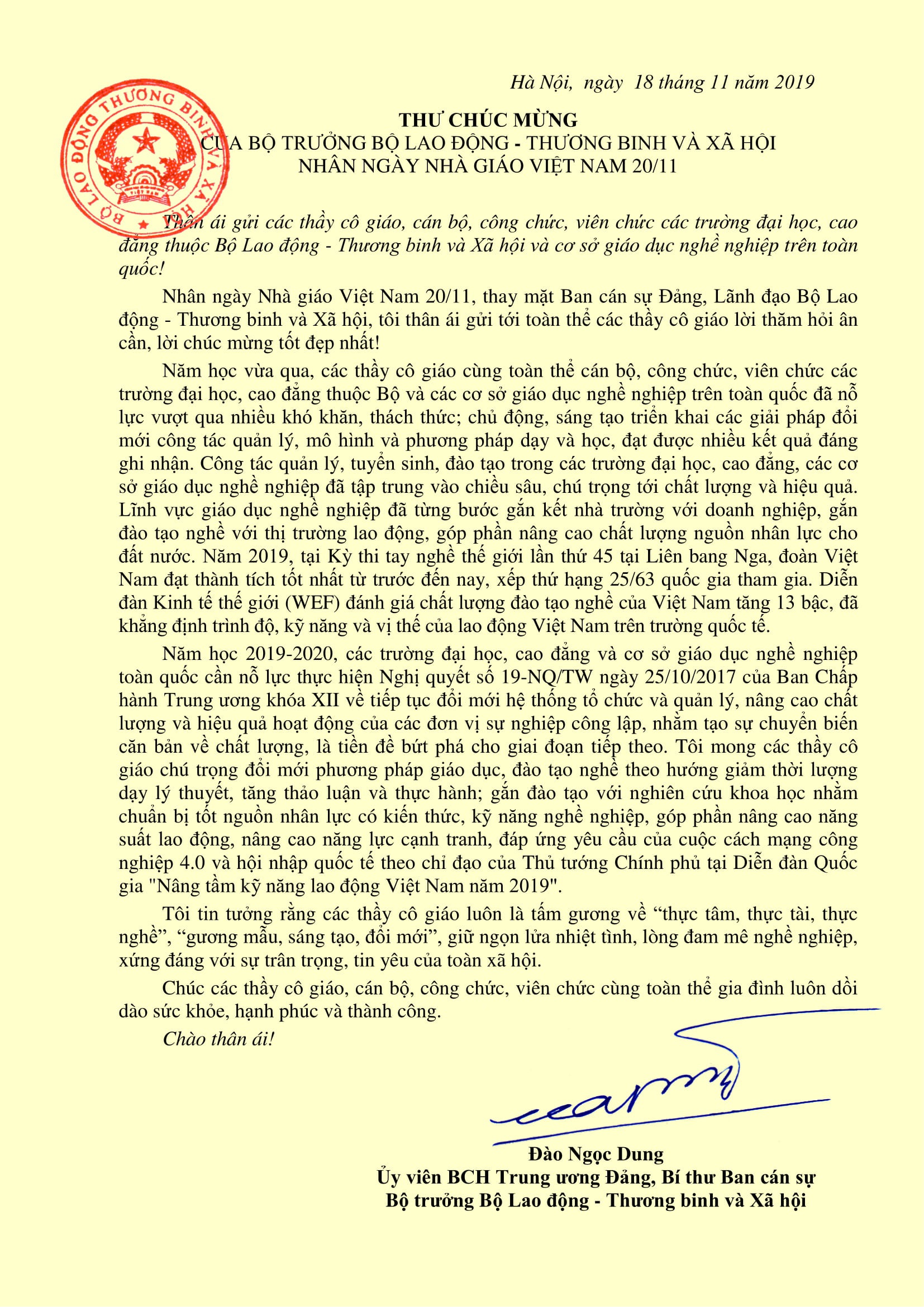 Bộ trưởng Đào Ngọc Dung gửi thư chúc mừng Ngày Nhà giáo Việt Nam 20/11 - 2
