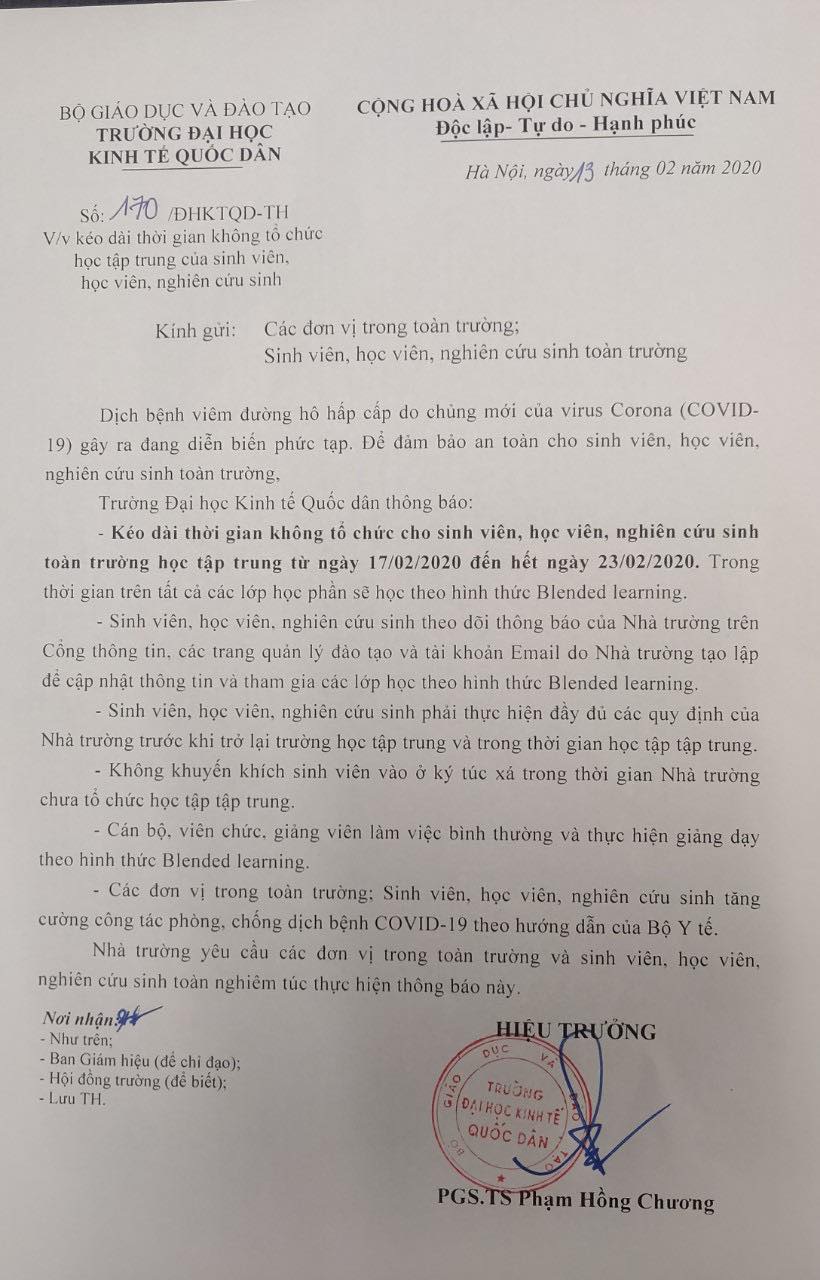 ĐH Kinh tế quốc dân tiếp tục cho sinh viên ở nhà học đến ngày 23/2 - 1