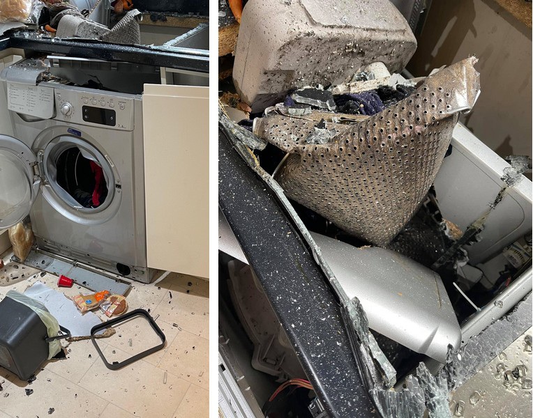 Máy giặt nổ như bom khi đang vận hành, phá hủy cả căn bếp - 1