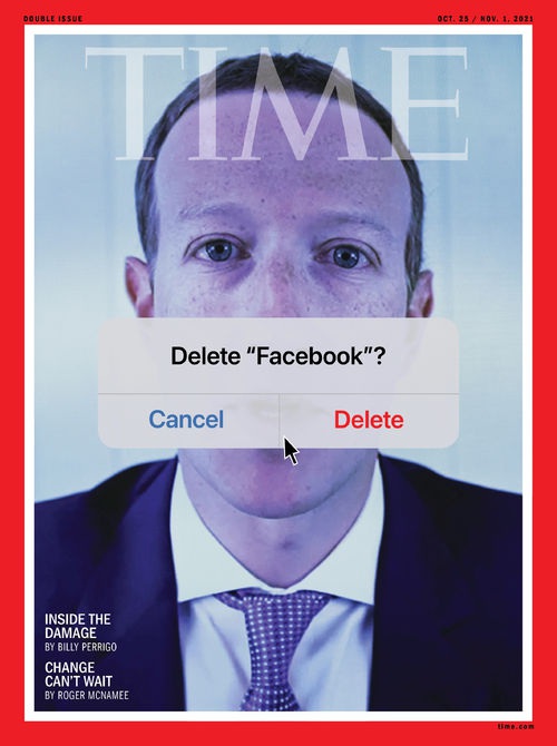 Chân dung CEO Mark Zuckerberg xuất hiện trên trang bìa tạp chí Time, kèm theo thông điệp xóa bỏ ứng dụng Facebook.