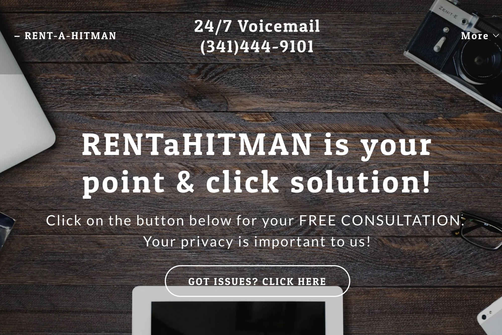 Giao diện trang web RentAHitman.com, với lời giới thiệu sẽ bảo mật mọi thông tin của 