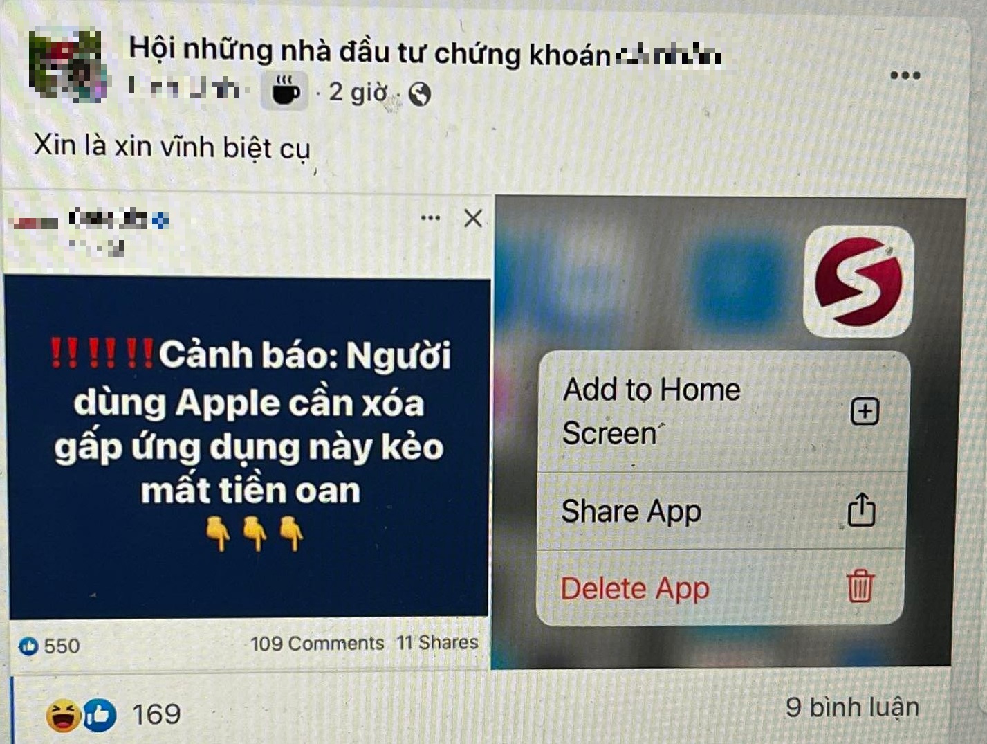 Một lời kêu gọi hài hước gỡ bỏ ứng dụng chứng khoán trên smartphone để tránh mất tiền (Ảnh chụp màn hình).