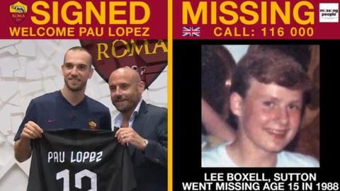 Tweet showing Roma's announcing Paul Lopez signing alongside an image of Lee Boxell, who went missing 31 years ago aged 15