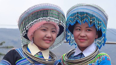 Colourful headdresses of ethnic girls in mountainous region