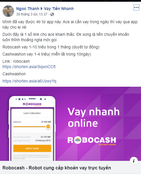Mạng xã hội facebook tràn ngập các lời rao cho vay tiền từ các ứng dụng
