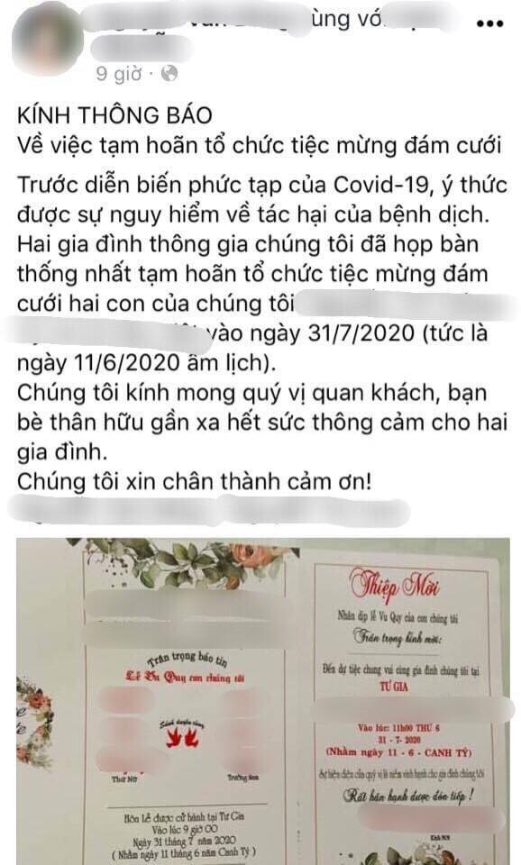 Thông báo hoãn đám cưới của một gia đình ở Cam Lộ, Quảng Trị. Ảnh từ Facebook