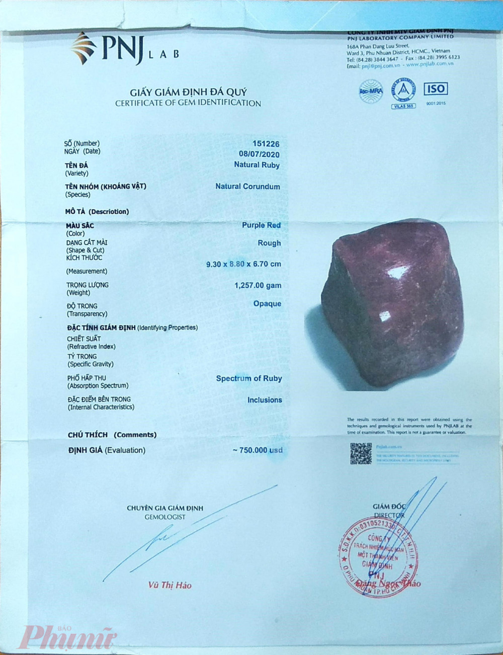 Giấy kiểm định mà chị H. đem đến PNJL để nhờ kiểm định lại là giả, trên giấy có ghi số tiền định giá