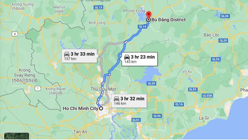 Hướng từ TPHCM đi rừng cao su Bù Đăng (Bình Phước). Ảnh chụp màn hình Google Maps