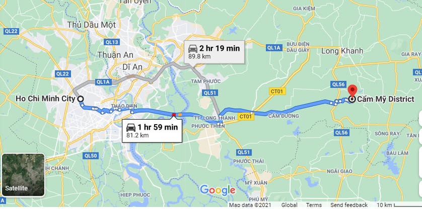 Cung đường từ TPHCM đi Cẩm Mỹ, Đồng Nai. Ảnh chụp màn hình Google Maps.