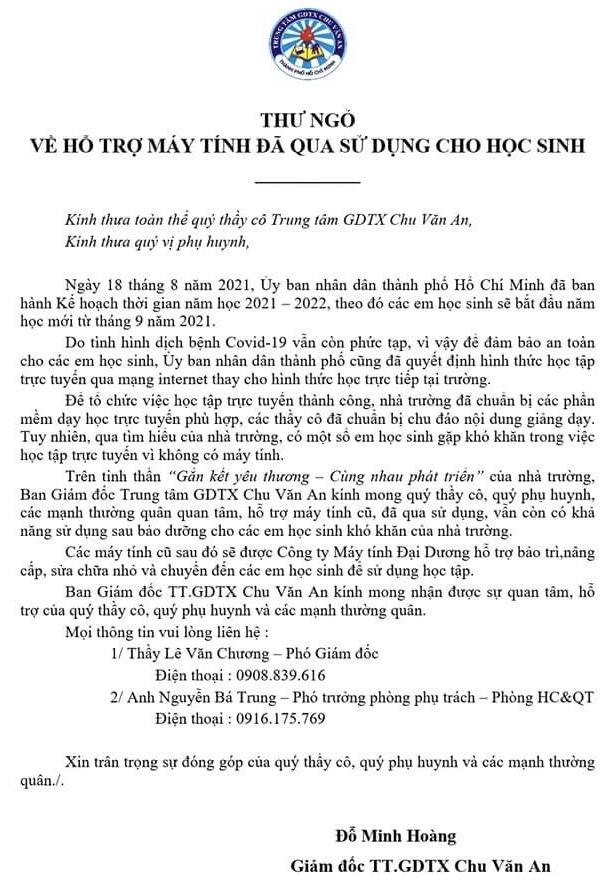 Thư ngỏ vận động máy tính cũ cho học sinh của TTGDTX Chu Văn An