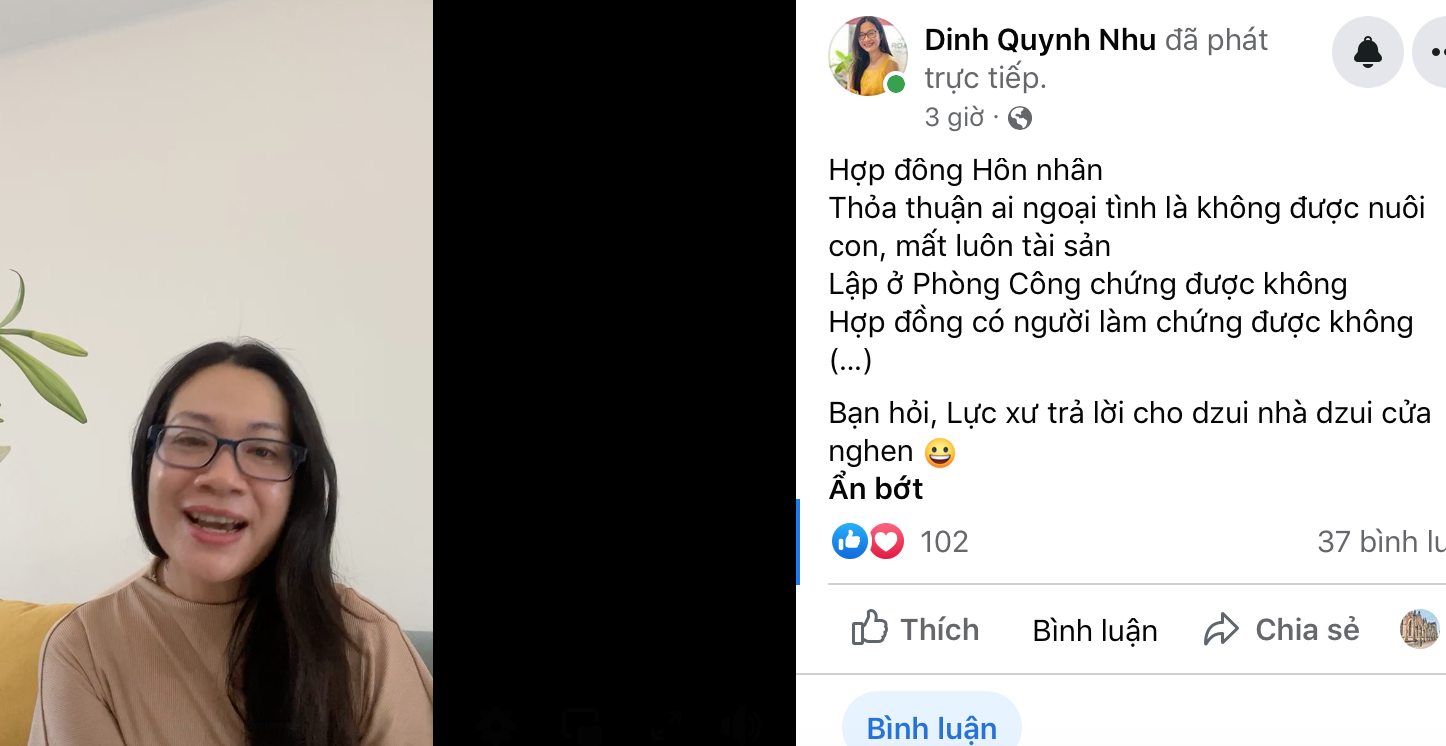 Luật sư Đinh Quỳnh Như live stream giải đáp các thắc mắc xung quanh hợp đồng hôn nhân và các vấn đề tài sản vợ chồng khi ly hôn