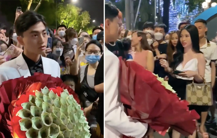 The story of the boy confessing his love with a bouquet of money flowers in the crowd