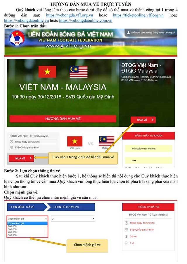 Hướng dẫn cách mua vé online trận chung kết Việt Nam - Malaysia