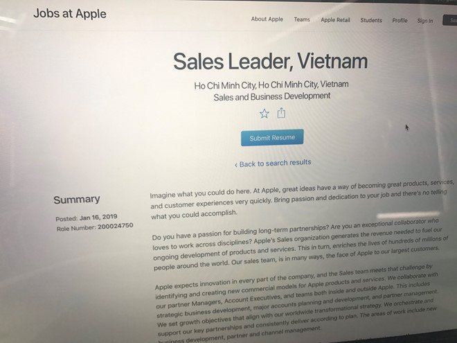 Apple tuyển Giám đốc kinh doanh tại Việt Nam