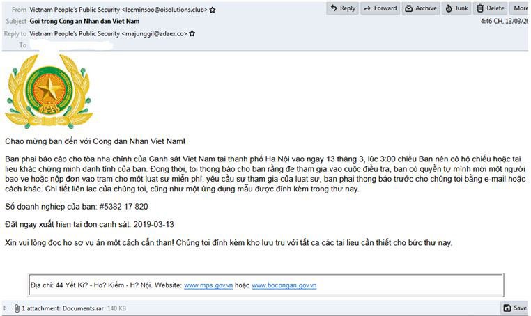 Phát hiện chiến dịch phát tán mã độc GandCrab 5.2 vào Việt Nam qua email giả mạo Bộ Công an | Mã độc tống tiền GandCrab 5.2 đang lây lan mạnh tại Việt Nam