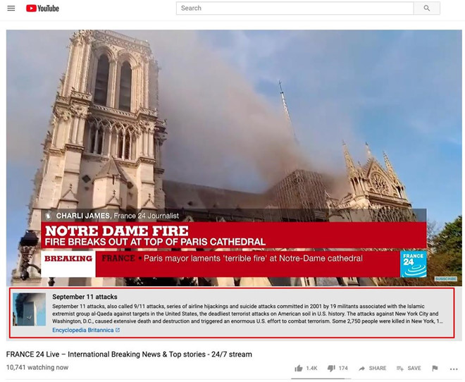 YouTube nhận nhầm vụ cháy Nhà thờ Đức Bà Paris là sự kiện 11/9
