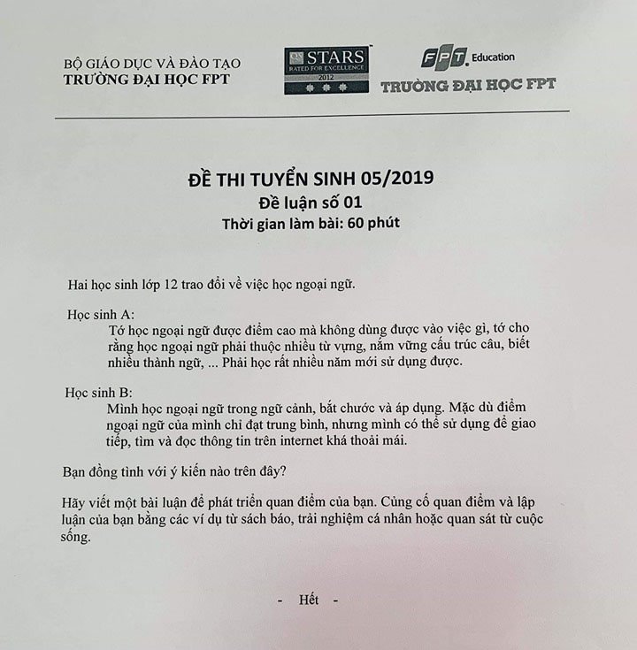 Tuyển sinh 2019: Đề thi vào ĐH FPT yêu cầu thí sinh bàn luận về cách học ngoại ngữ