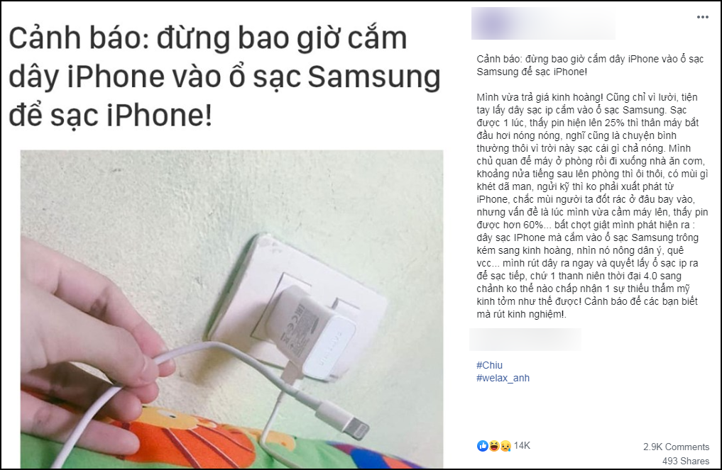 Cắm dây iPhone vào củ sạc Samsung có 