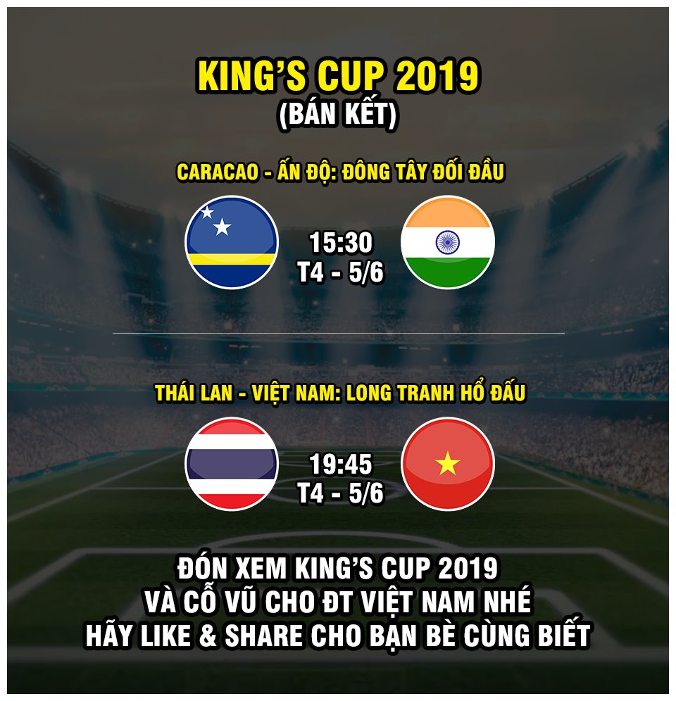 Hai trận đấu của ĐT Việt Nam tại King's Cup được tường thuật trực tiếp trên VTC1, VTC3, VOV1, VOV2