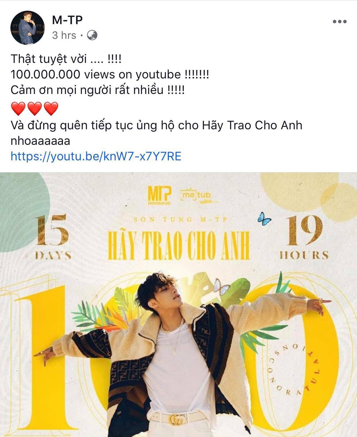 MV Hãy Trao Cho Anh đạt mốc 100 triệu views, Sơn Tùng M-TP vui quá viết caption chúc mừng... Em Của Ngày Hôm Qua - Ảnh 1.