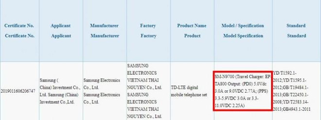 Sạc Galaxy Note10 sản xuất ở VN, nạp siêu nhanh lên đến 45 W