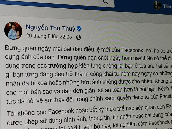 Ca sĩ VN và nhiều người dùng mắc lừa 'điều lệ mới của Facebook'