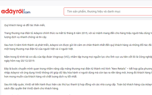 Adayroi của Vingroup biên tâm thư chính thức ngừng bán hàng, nhắm nâng cấp mảng TMĐT thành mô hình 