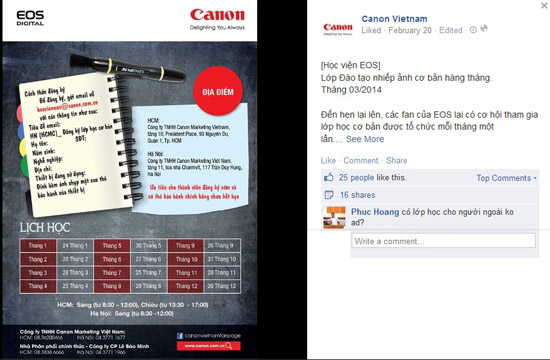 Lịch học cả năm của lớp Đào tạo nhiếp ảnh cơ bản được Canon đăng tải.