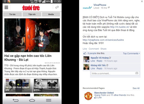 Đọc báo Tuổi Trẻ thông qua dịch vụ của VinaPhone được miễn phí cước data.