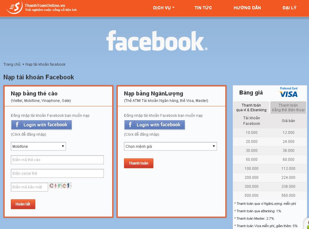 nạp tiền Facebook, ngân lượng, thanh toán online
