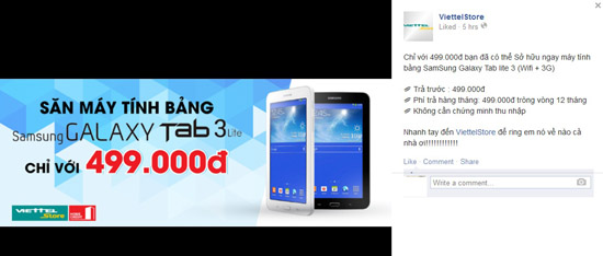 Với 499.000 đồng, khách hàng đã có thể đặt cọc trả góp máy Samsung Galaxy Tab 3 Lite tại ViettelStore.
