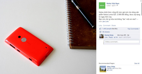 Giá mới của chiếc điện thoại Nokia Lumia 525 chỉ còn 2.999.000 đồng.