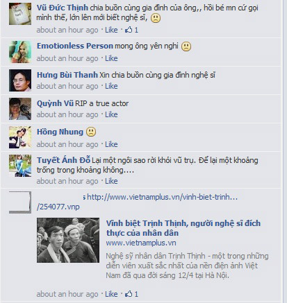 Tiễn biệt nghệ sỹ Trịnh Thịnh là dãy dài những bình luận chia buồn và chia sẻ ký ức về ông.