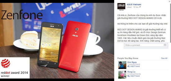 Điện thoại Zenfone của ASUS nhận giải thưởng Red Dot Design Award 2014.