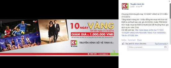 K+ đang có chương trình khuyến mãi “10 ngày vàng”, giảm 50% giá bộ thiết bị Multiroom.